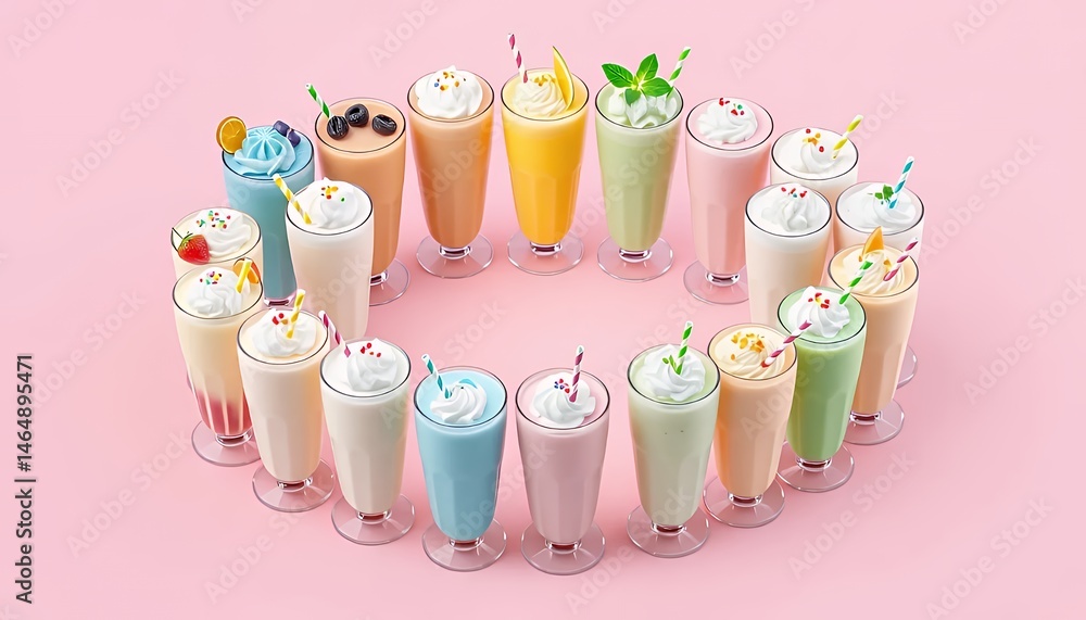Poster circular array of multicolored milkshakes with whipped cream and sprinkles on pink background in stu