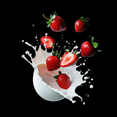 Fresh strawberries splash into a bowl of milk, creating a dynamic and appetizing scene perfect for food lovers.