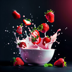 Fresh strawberries splashing into a bowl of creamy milk, creating an artistic and vibrant food composition.