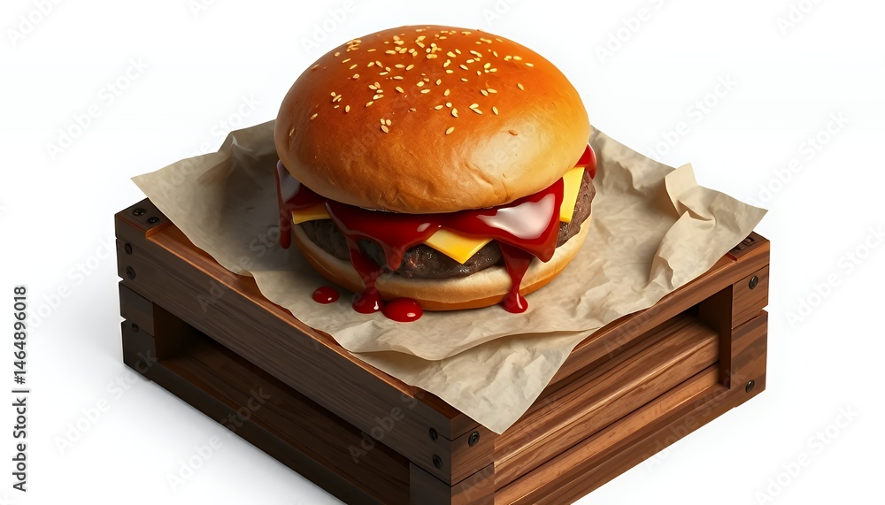 Poster close up view of a ketchup and cheese hamburger on small rustic wooden crate with parchment paper on