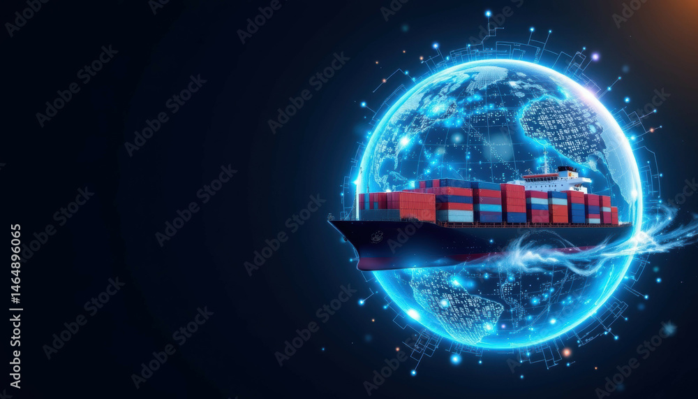 Aufkleber futuristic container ship navigating the globe digital ocean 3d render sci-fi environment aerial vie