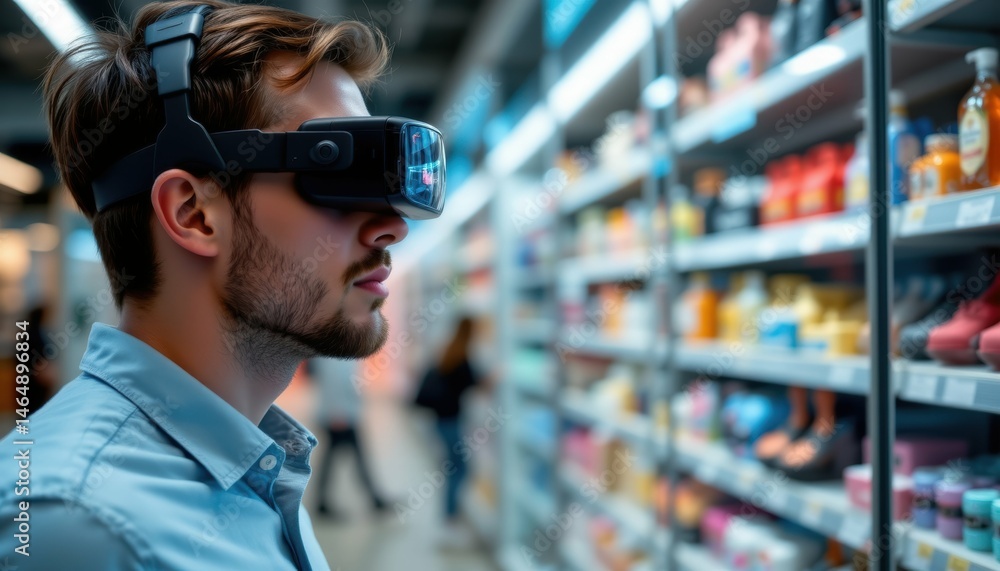 Poster man using augmented reality technology to explore products in retail store modern environment side v