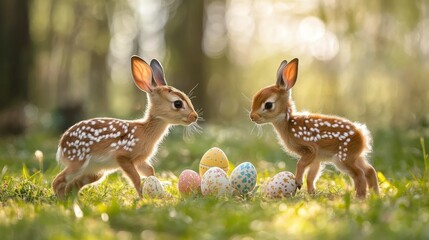 Obraz premium bunny and baby deer playing catch with decorated eggs