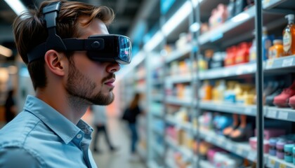 Fototapeta premium Man using augmented reality technology to explore products in retail store modern environment side view perspective