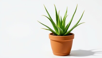 Fototapeta premium Isolated aloe vera plant in a terracotta pot on white background indoor plant photography minimalist style