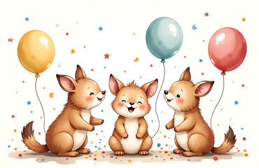 whimsical delicate watercolor illustrations features adorable animals joyful celebration amidst colorful balloons confetti