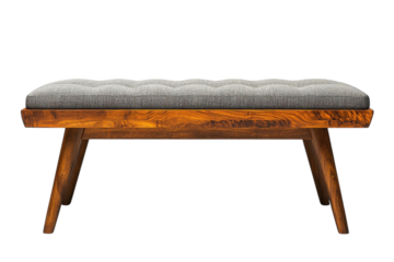 Elegant mid century modern bench with a grey padded seat and rich dark wood frame against a black on transparent background