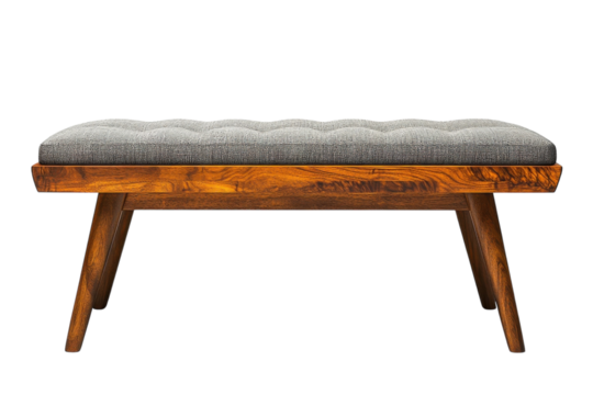 Elegant mid century modern bench with a grey padded seat and rich dark wood frame against a black on transparent background