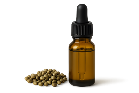 A brown glass dropper bottle next to a pile of small, round seeds. Concept Brown Glass Dropper Bottle, Small Round Seeds, Natural Remedies, Herbal Extracts, Organic Packaging