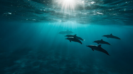 Dolphins Swimming Underwater Pristine Turquoise Ocean Bottom View Marine Life Aquatic Mammals Playful Creatures Ocean Depths Wildlife Scene Conservation Effort
