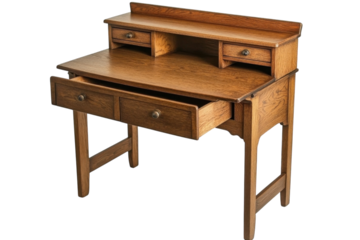 Elegant oak writing desk rich wood grain showcasing intricate craftsmanship multiple drawers and a pull on transparent background