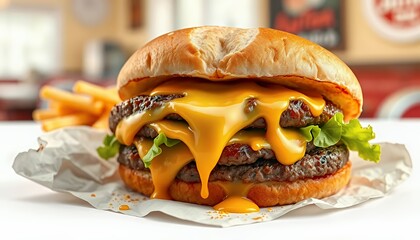 Studio Shot of a Double Cheeseburger with Melted Cheddar and Fries on Crumpled Paper
