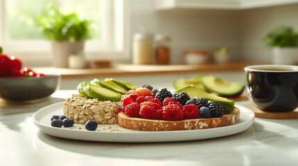 Healthy breakfast flat lay featuring oatmeal, fresh berries, avocado toast, and coffee with a neutral kitchen background, enhanced by bright natural lighting and a clean food