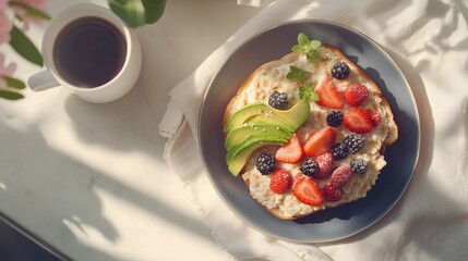 Healthy breakfast flat lay featuring oatmeal, fresh berries, avocado toast, and coffee with a neutral kitchen background, enhanced by bright natural lighting and a clean food