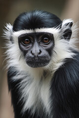 Fototapeta premium Colobus Monkey Close-Up Portrait. A close-up portrait showcases a beautiful colobus monkey, known for its striking black and white fur and expressive eyes, creating a captivating view.