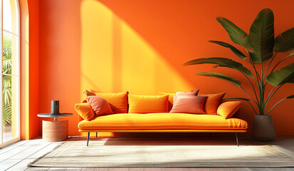 Modern interior design scene with stylish orange apricot-colored sofa matching throw pillows, large green indoor plant in woven basket, and natural sunlight streaming through tall arched window