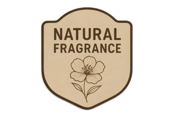 A badge or label featuring the text NATURAL FRAGRANCE and an illustration of a flower. Concept Natural Fragrance Badge, Floral Illustration Label, Eco-Friendly Design, Aromatic Essence Branding