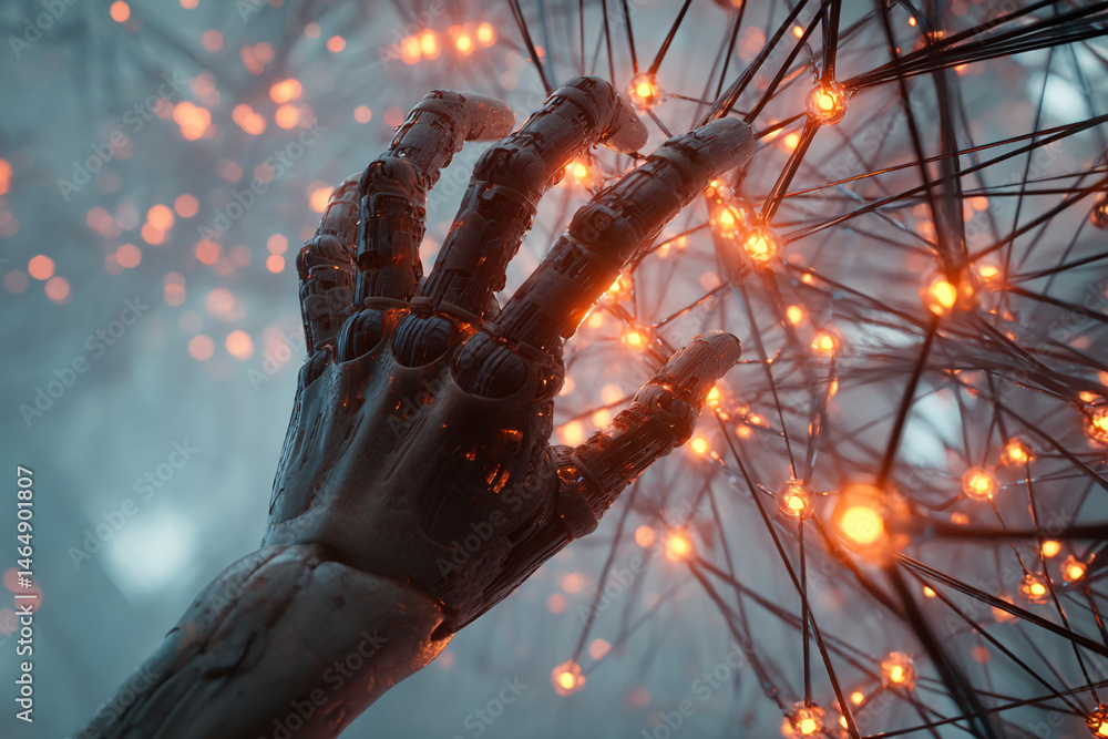 Poster robotic hand interacting with glowing network, showcasing technological connection and artificial in