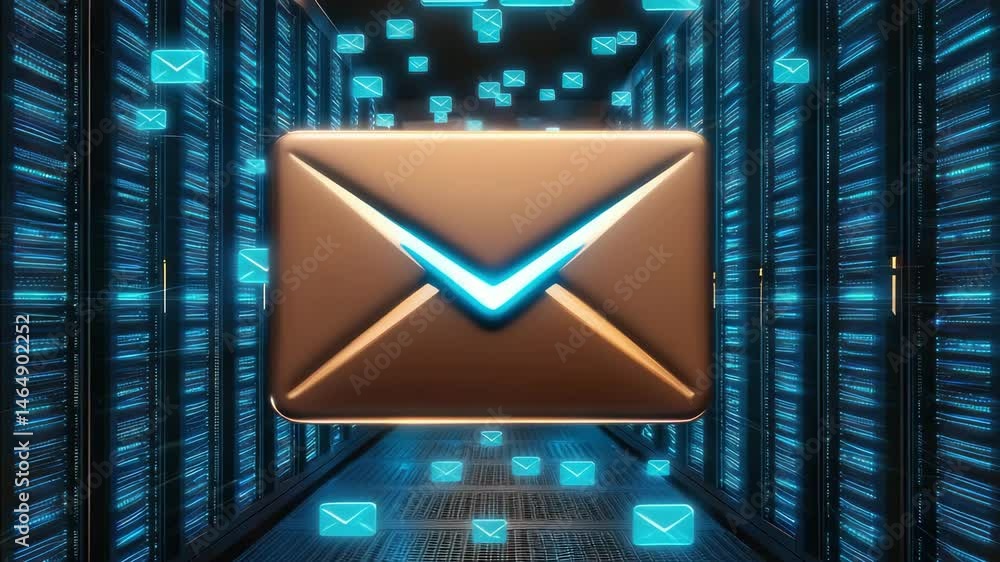 Poster digital email envelope message glowing in data center for seamless digital communication