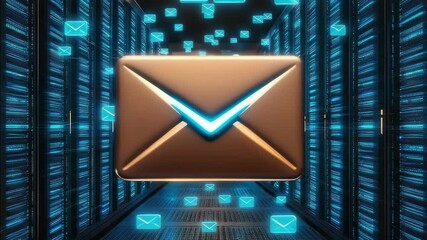 Digital email envelope message glowing in data center for seamless digital communication - Powered by Adobe