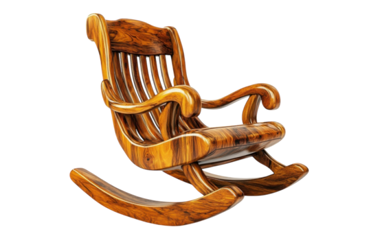 Exquisite handcrafted wooden rocking chair rich warm tones and smooth curves isolated on black on transparent background