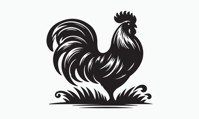 Proud Rooster Silhouette Standing on Grass.