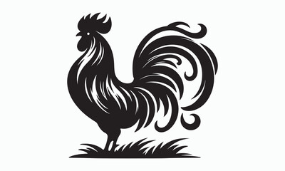 Proud Rooster Silhouette Standing on Grass.