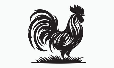 Proud Rooster Silhouette Standing on Grass.