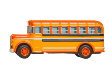 Classic yellow school bus toy model detailed side view isolated transparent background