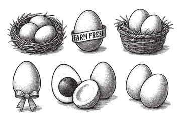 egg farm set woodcut engraving vector illustration