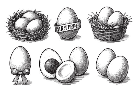 egg farm set woodcut engraving vector illustration