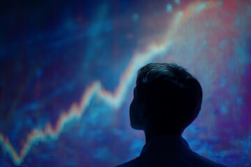 Silhouette of person viewing a blue and purple abstract graph, suggesting analysis or data visualization, symbolizing business insights and future trends