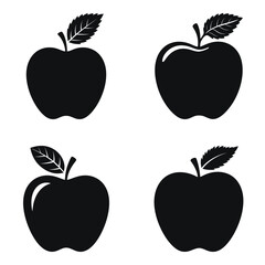 Four stylized, black silhouette apples with leaves, set against a white background.