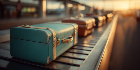 Teal vintage suitcase on baggage carousel, warm sunset light, conveying themes of travel, journey, and nostalgia