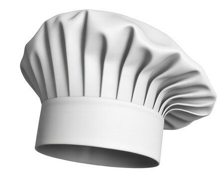 A white chef hat with pleats and a cylindrical base isolated on a black background in a studio shot