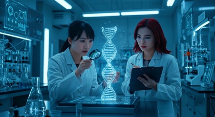Two female scientists in a high-tech laboratory examine a glowing 3D holographic DNA model, with one using a magnifying glass and the other taking notes on a clipboard