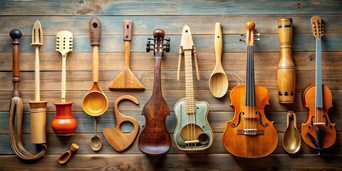 Naklejka premium A Collection of Handcrafted Wooden Utensils and Stringed Instruments Arranged on Rustic Wooden Surface