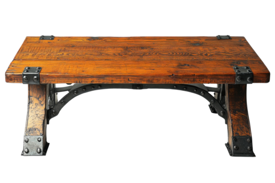 Rustic reclaimed wood coffee table industrial style metal accents dark background rich tones handcrafted on transparent background