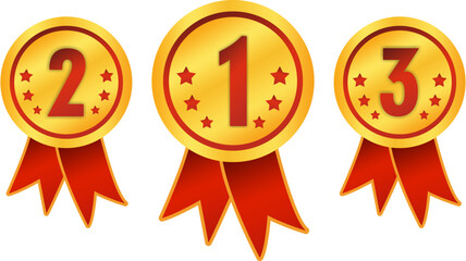 gold medal ribbon award badge with number 1, number 2, number 3 in red, shiny golden circle design with stars, second place vector icon for competitions, ranking, sports, achievements, or contests