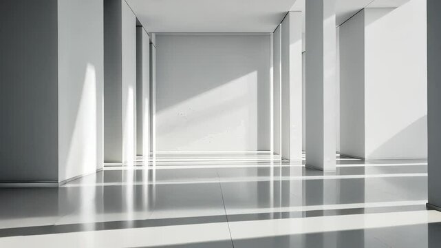 Bright sunlight streaming through large background casting soft shadows on pristine windows, office wall white Copy space for text video 4k