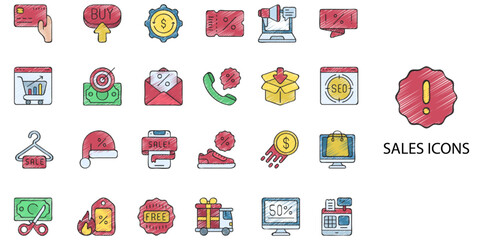 Sales simple concept 24 hand drawn color icons set. Contains such retail, shopping cart, sale, store .Vector illustration.