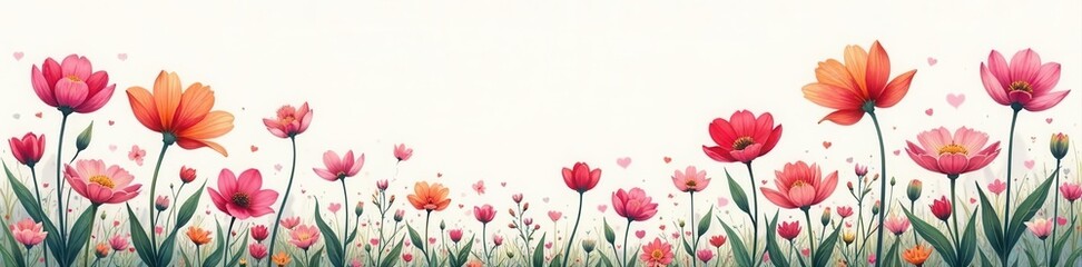 Delicate line art spring flowers, vibrant colors, hand drawn, fresh