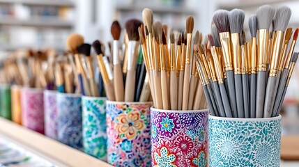 Fototapeta premium Vibrant Collection of Artist Paint Brushes in Colorful Holders