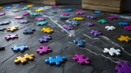 Colorful Puzzle Pieces Spread Across a Dark Chalkboard Surface in a Creative Assembly Scene