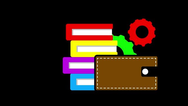 Animation of stack of books, wallet and spinning gear.