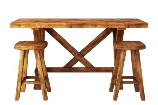 Rustic wooden table and two stools perfect for a cozy pub or farmhouse setting Rich brown tones and on transparent background