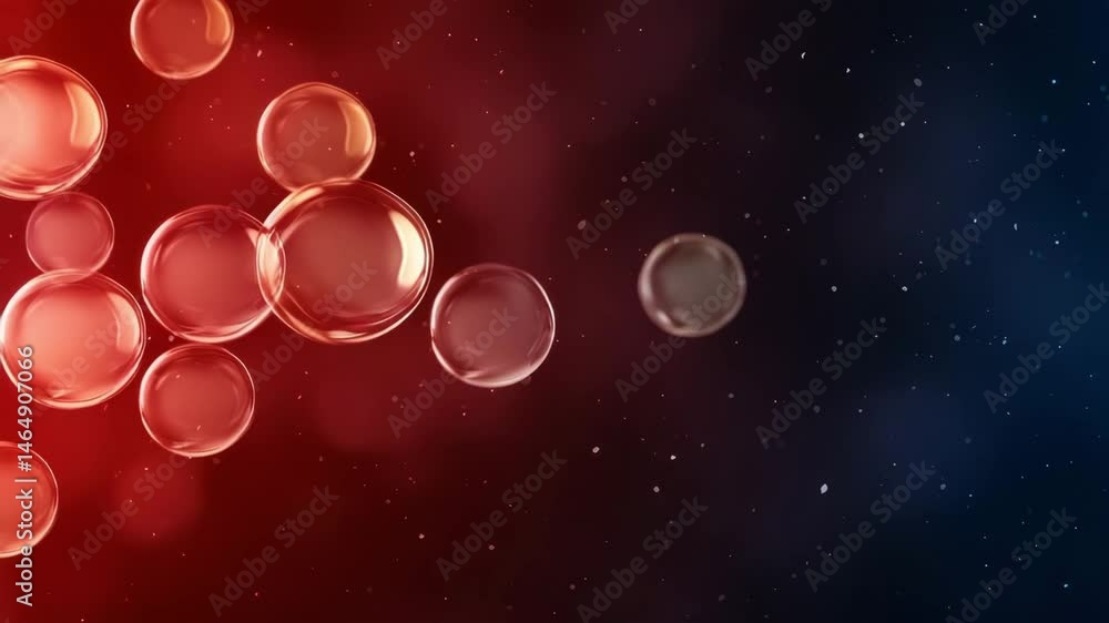 Poster transparent and red bubbles floating in dark space with scattered light creating calm mood