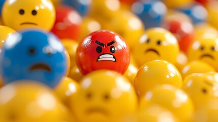 Angry Red Sphere Surrounded by Yellow Spheres with Sad Expressions