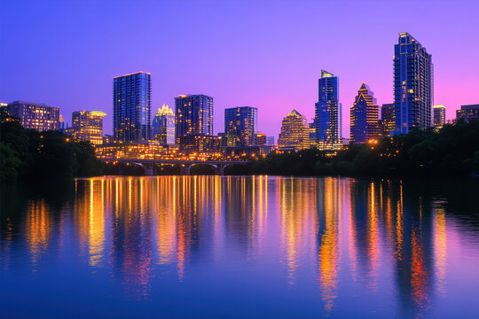 Stunning city skyline at sunset with reflections