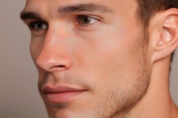 Fototapeta premium Close-up of young caucasian male with brown eyes and subtle facial hair